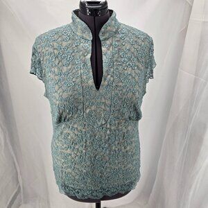 725-6 Lane Bryant Teal/green & beige lace V-neck top size 14/16 1X